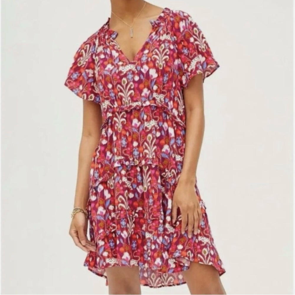 NEW Anthropologie Robin Floral Print Tiered Dress in Raspberry Women's Large